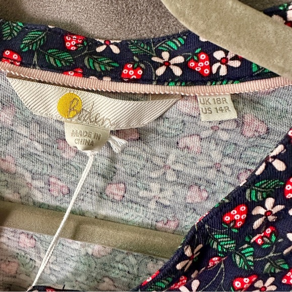 NWT Boden Smocked Jersey Shirt Dress Navy Strawberry Print (size 14) - Picture 12 of 15